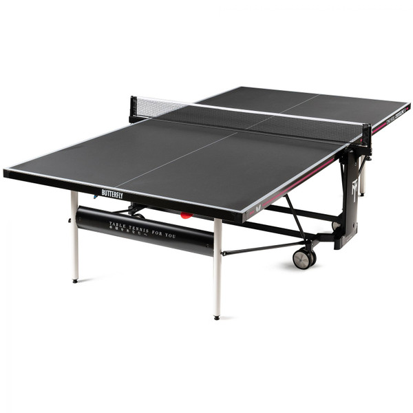 Butterfly Timo Boll Crossline Outdoor Ping Pong Table shown in gray top has black rails, with the butterfly logos in white and showing "Table Tennis For You" printed on the end cross support.